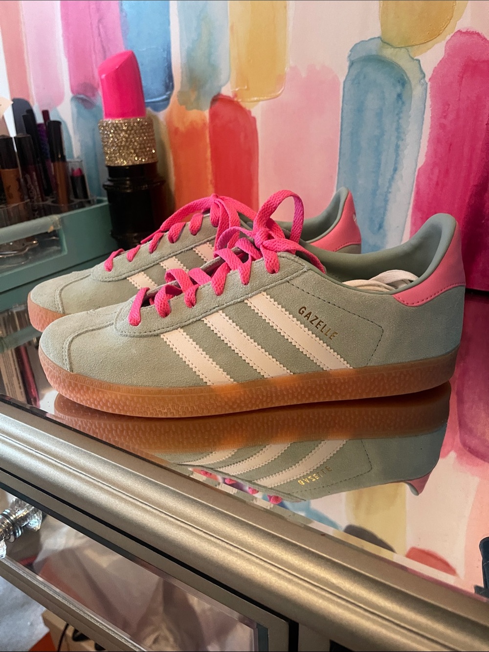 adidas Gazelle Women's Mint Suede Sneakers with Pink Accents